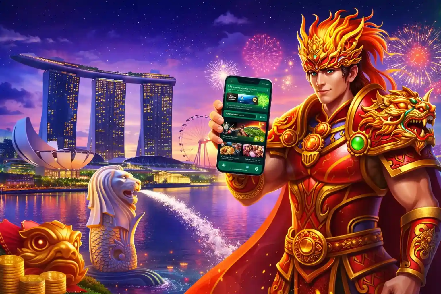 Character holding a smartphone displaying a casino app with Marina Bay Sands in the background