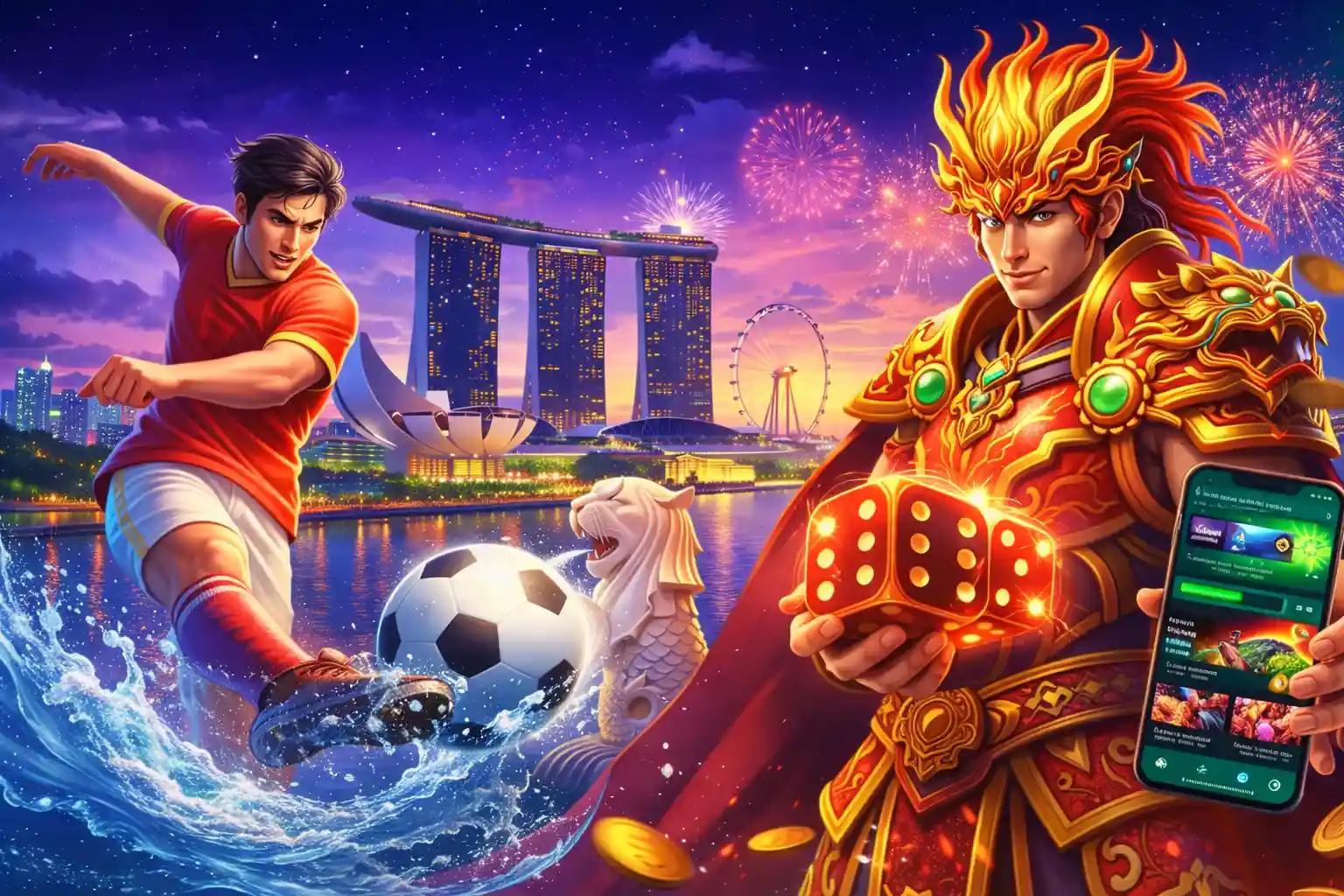 Football player and fantasy warrior showcasing sports betting and casino games in Singapore